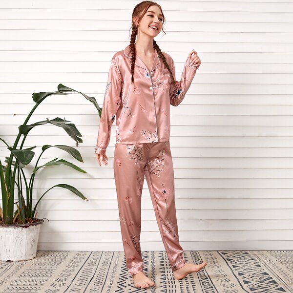

Floral Print Contrast Binding Satin PJ Set, Dusty pink