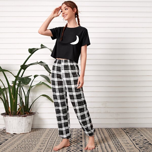 

Moon Print Tee & Plaid Pants Pajama Set, Black and white