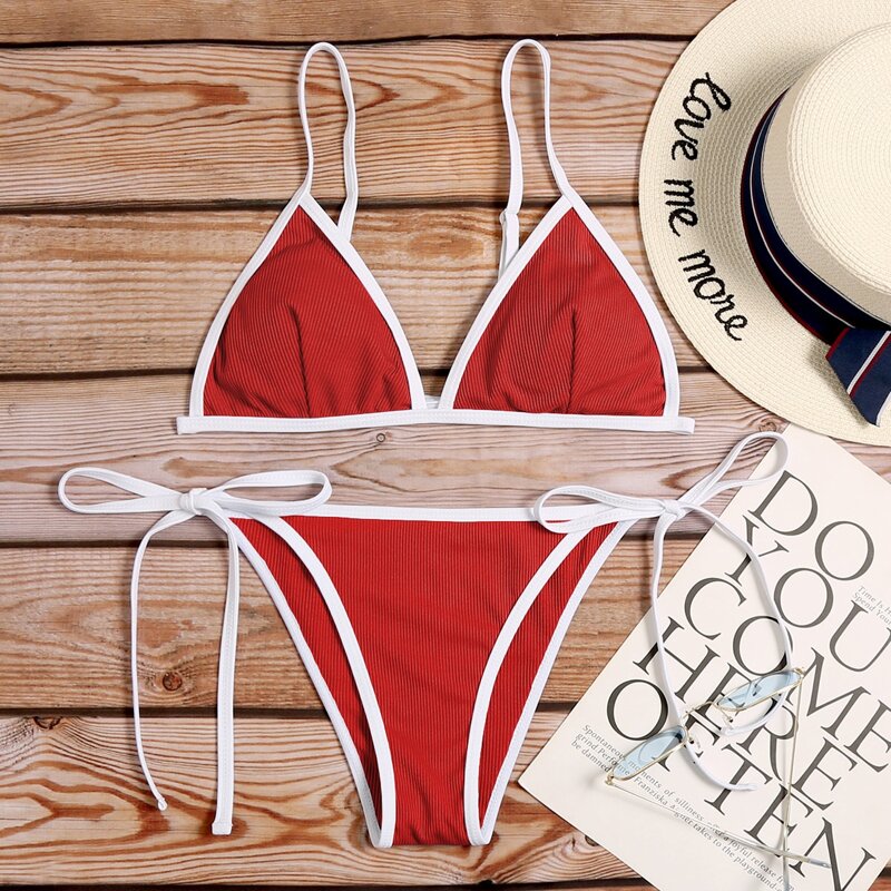 

Rib Contrast Binding Triangle Tie Side Bikini Swimsuit, Red