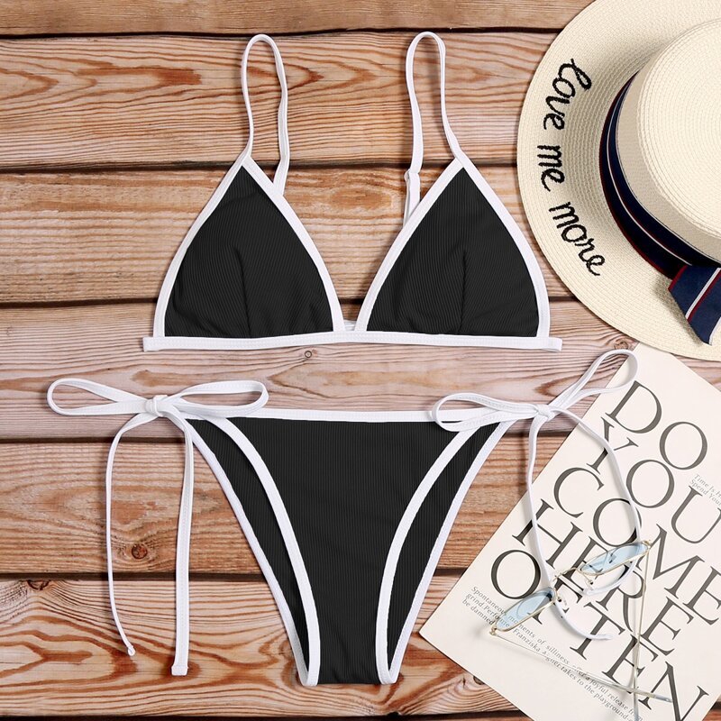 

Rib Contrast Binding Triangle Tie Side Bikini Swimsuit, Black