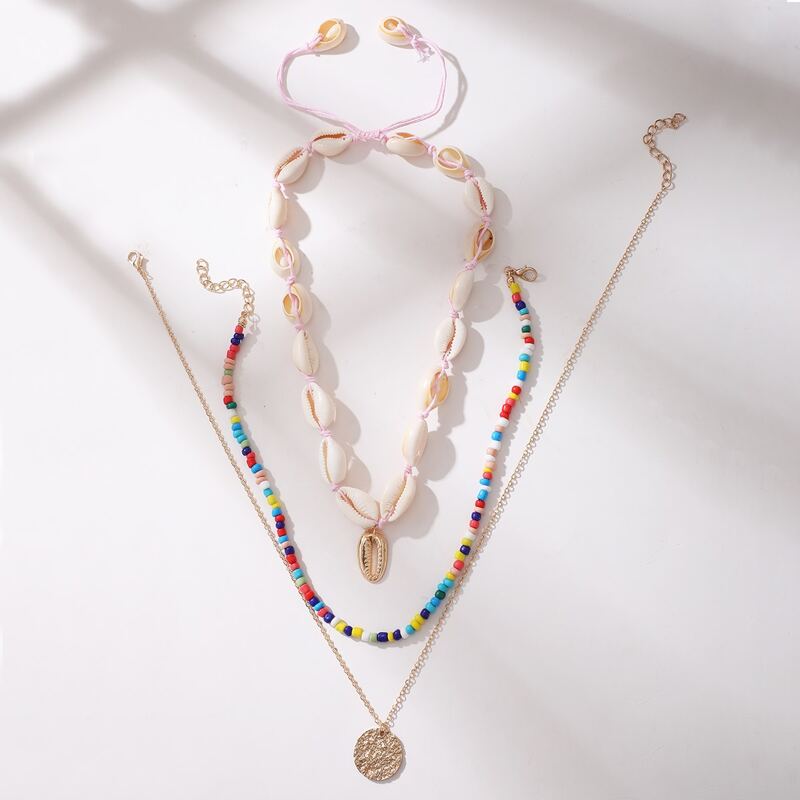 

3pcs Beaded & Shell Necklace, Multicolor