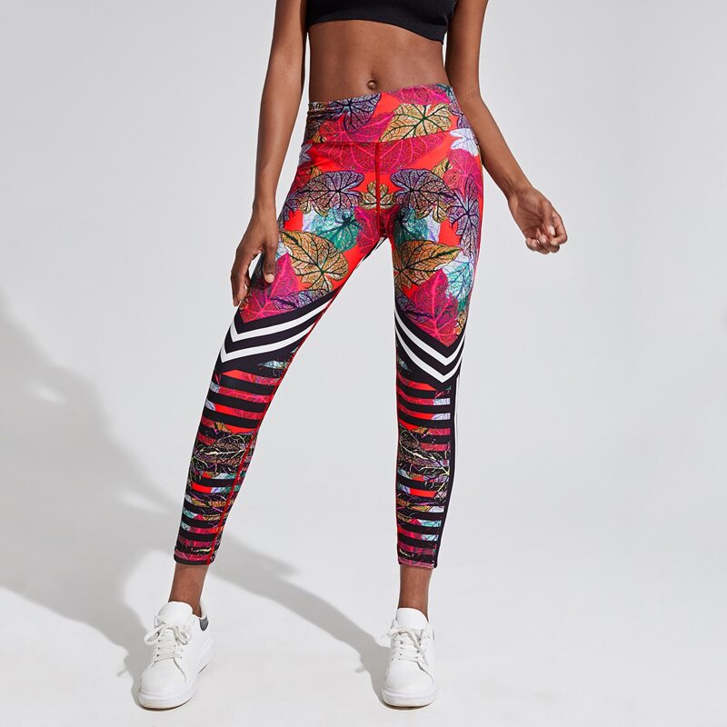 

Striped & Tropical Print Sports Leggings, Multicolor