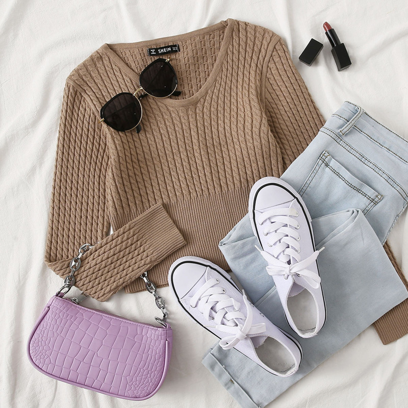 

V Neck Cable Knit Crop Sweater, Mocha brown