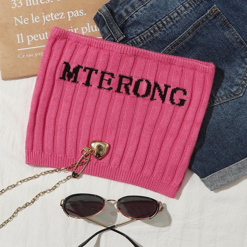 

Letter Embroidery Rib-knit Bandeau Top, Hot pink
