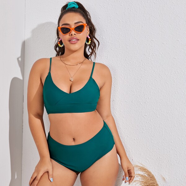 

Plus Solid High Waisted Bikini Swimsuit, Dark green