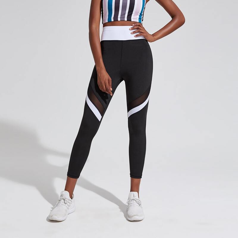 

Contrast Panel Mesh Insert Sports Leggings, Black