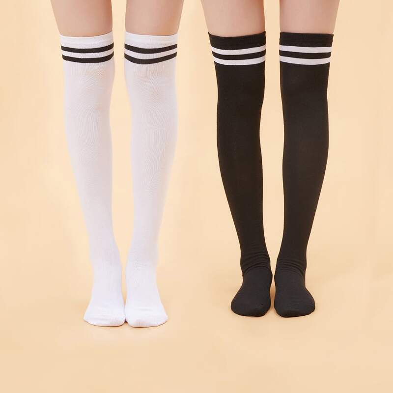 

2pairs Striped Over The Knee Socks, Black and white