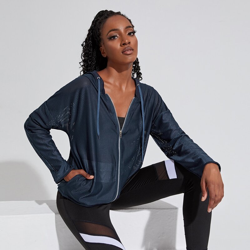 

Solid Zip Up Drawstring Hooded Sports Jacket, Navy blue