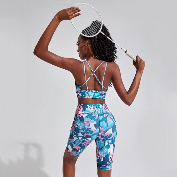 

Tropical Print Criss Cross Back Bra & Leggings Sports Set, Multicolor