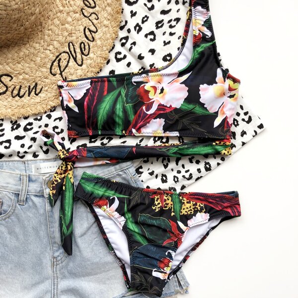 

Floral & Leaf One Shoulder Bikini Swimsuit, Multicolor