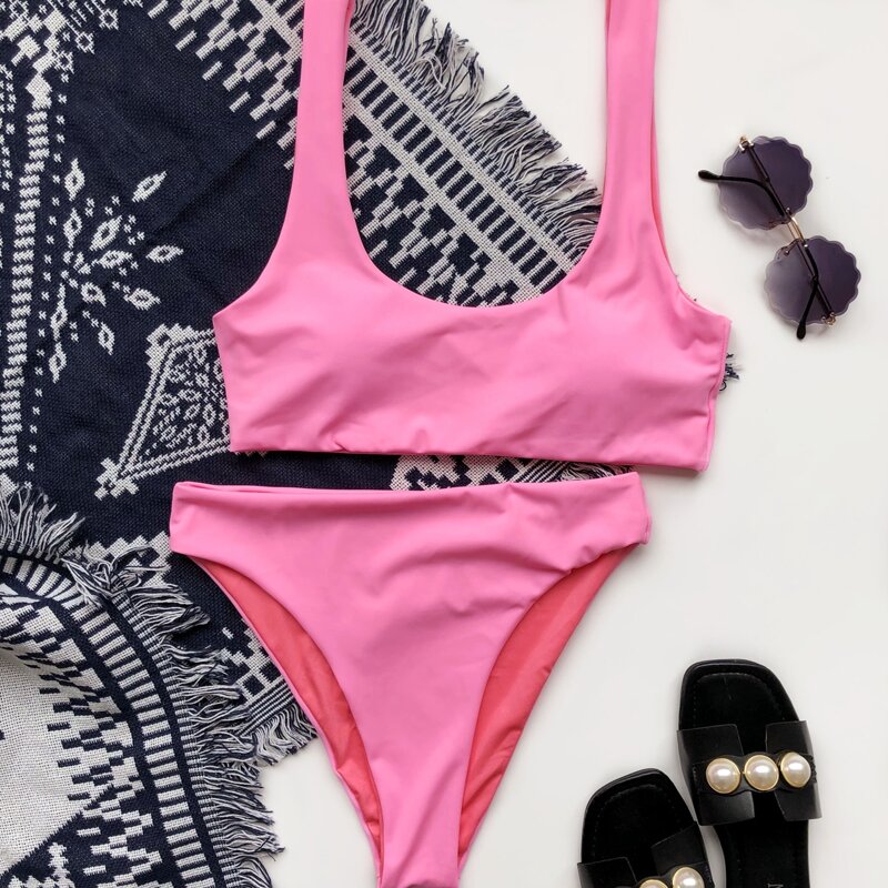 

Solid High Waisted Bikini Swimsuit, Pink
