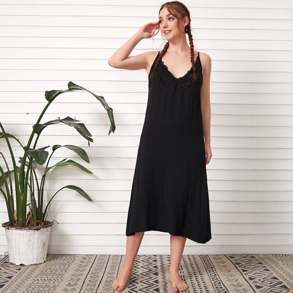 

Guipure Lace Panel Plunging Slip Night Dress, Black