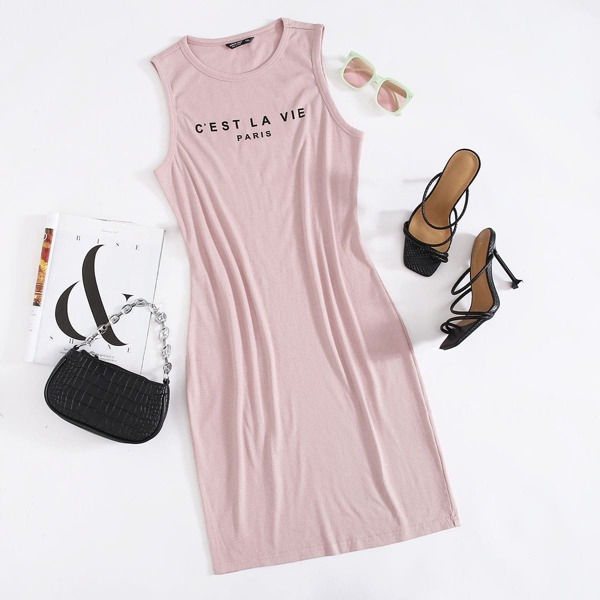 

Plus Sleeveless Letter Graphic Rib-knit Dress, Pastel baby pink