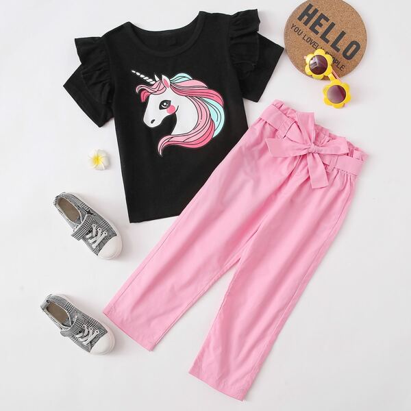 

Toddler Girls Cartoon Graphic Tee With Belted Pants, Multicolor
