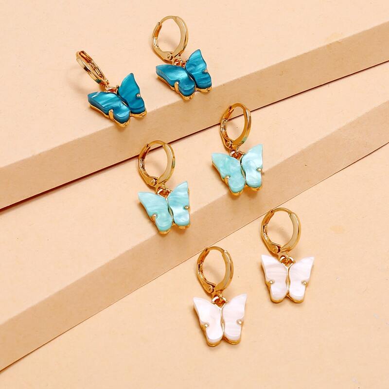 

3pairs Butterfly Charm Drop Earrings, Multicolor
