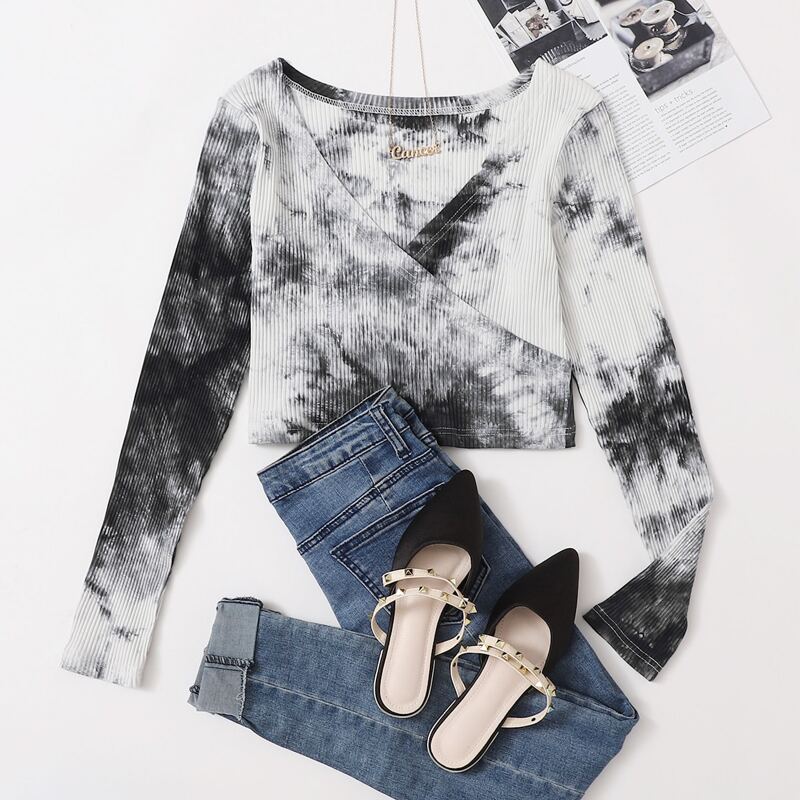 Tie Dye Surplice Crop Tee, Black and white