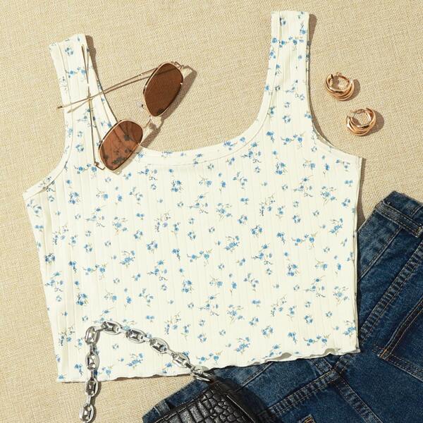 

Ditsy Floral Print Lettuce Trim Tank Top, White