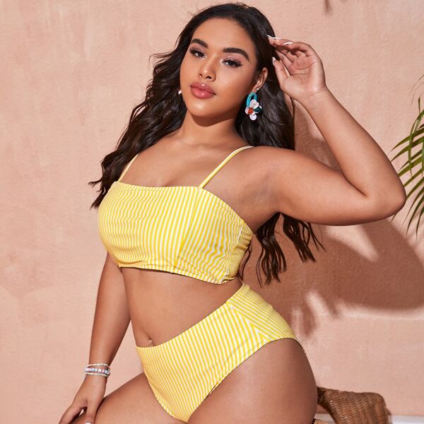 

Plus Striped High Waisted Bikini Swimsuit, Yellow