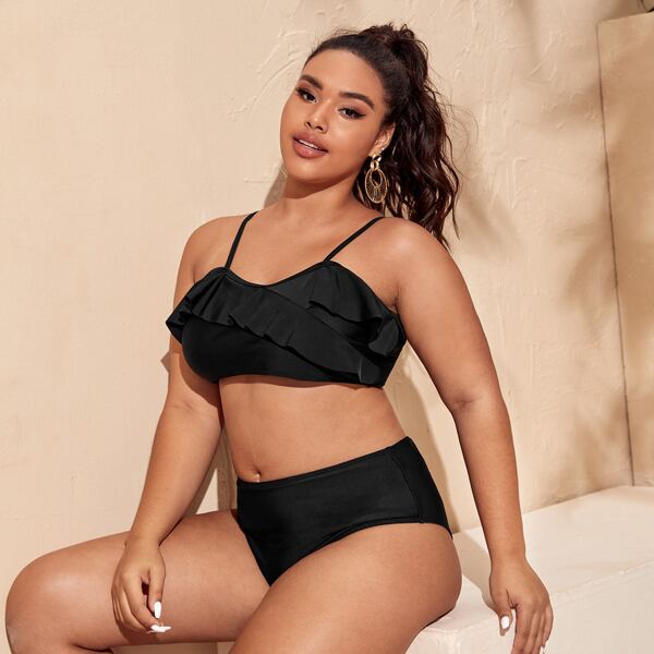

Plus Ruffle Trim High Waisted Bikini Swimsuit, Black