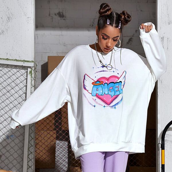 

Letter & Heart Print Drop Shoulder Oversized Sweatshirt, White