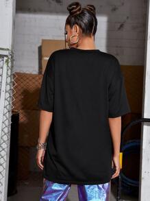 SHEIN Unity Camiseta larga con estampado de letra y mariposa - Negro - Ver 2