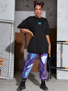 SHEIN Unity Camiseta larga con estampado de letra y mariposa - Negro - Ver 4