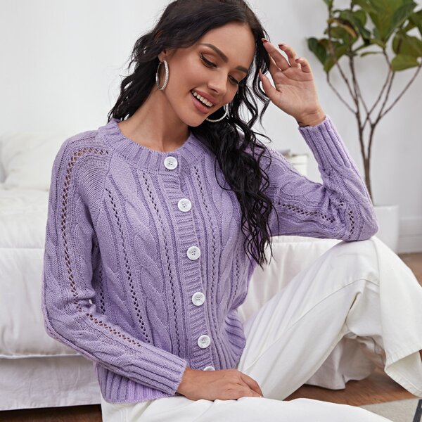 

Cable Knit Button Up Cardigan, Lilac purple