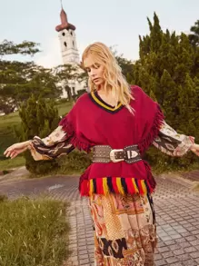 SHEIN Unity Tassel Hem Contrast Collar Sweater Vest - Burgundy - View 1