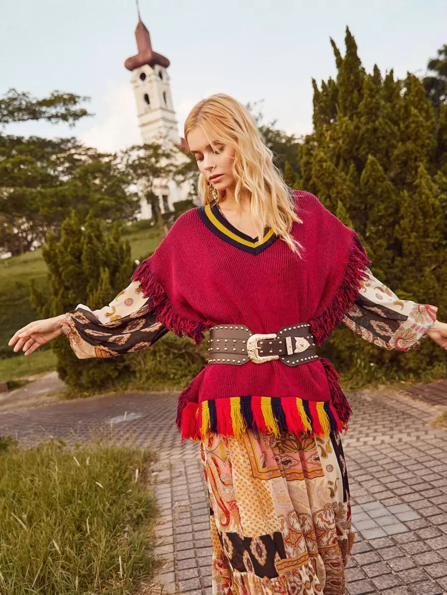 SHEIN Unity Tassel Hem Contrast Collar Sweater Vest - Burgundy - View 1