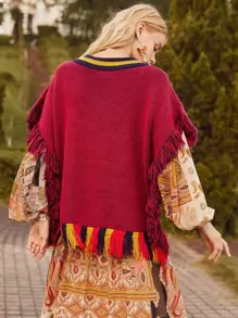 SHEIN Unity Tassel Hem Contrast Collar Sweater Vest - Burgundy - View 2