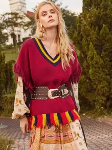 SHEIN Unity Tassel Hem Contrast Collar Sweater Vest - Burgundy - View 3