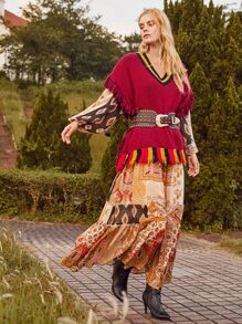 SHEIN Unity Tassel Hem Contrast Collar Sweater Vest - Burgundy - View 4