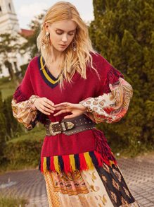 SHEIN Unity Tassel Hem Contrast Collar Sweater Vest - Burgundy - View 6