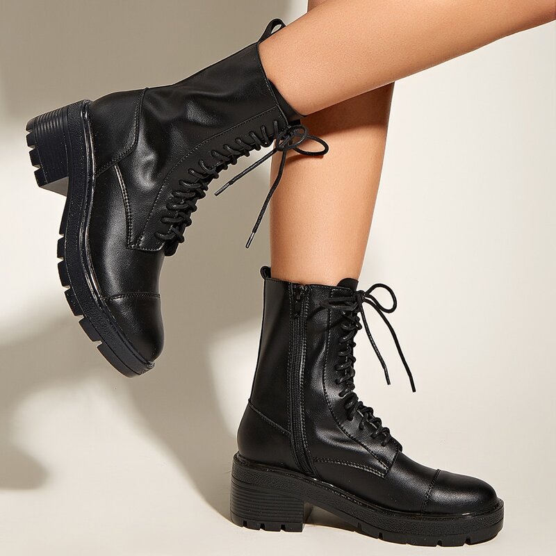 

Lace-up Front Side Zip Combat Boots, Black