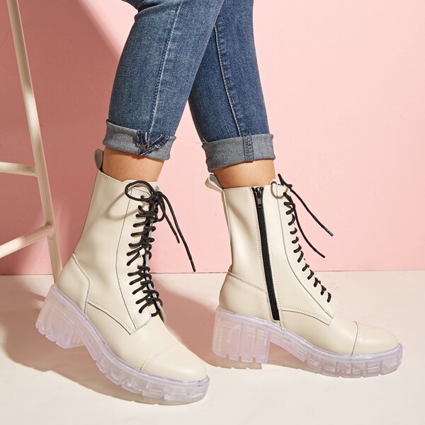 

Lace-up Front Side Zip Combat Boots, White