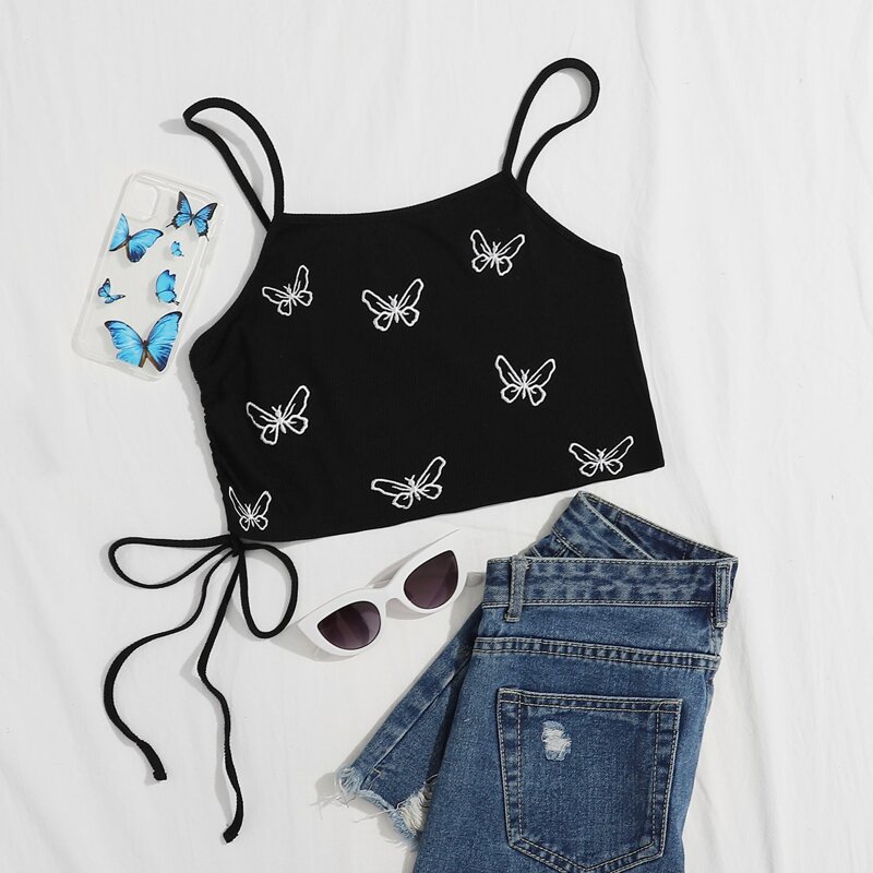 

Butterfly Embroidery Crop Cami, Black