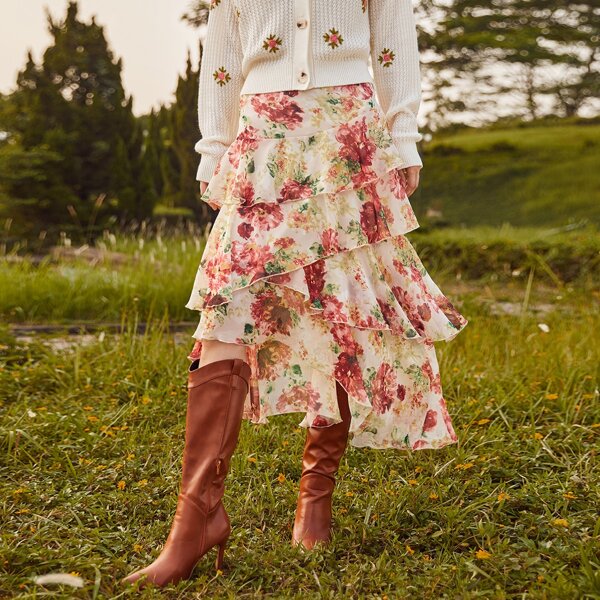 

Layered Ruffle Trim High Low Hem Floral Skirt, Multicolor