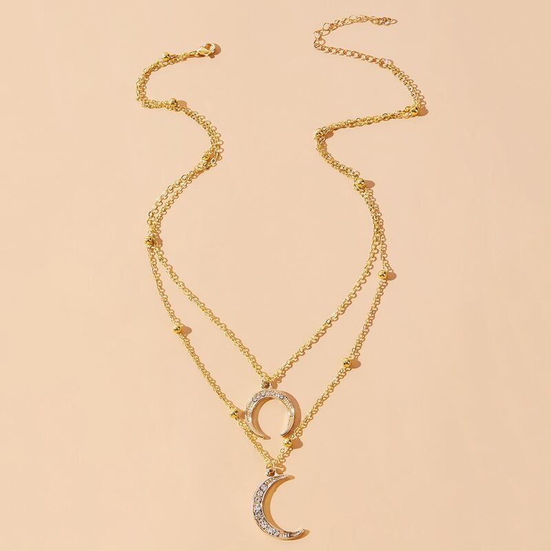

Rhinestone Moon Layered Necklace, Gold