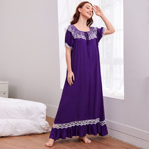 

Knot Front Embroidery Mesh Ruffle Trim Nightdress, Violet purple