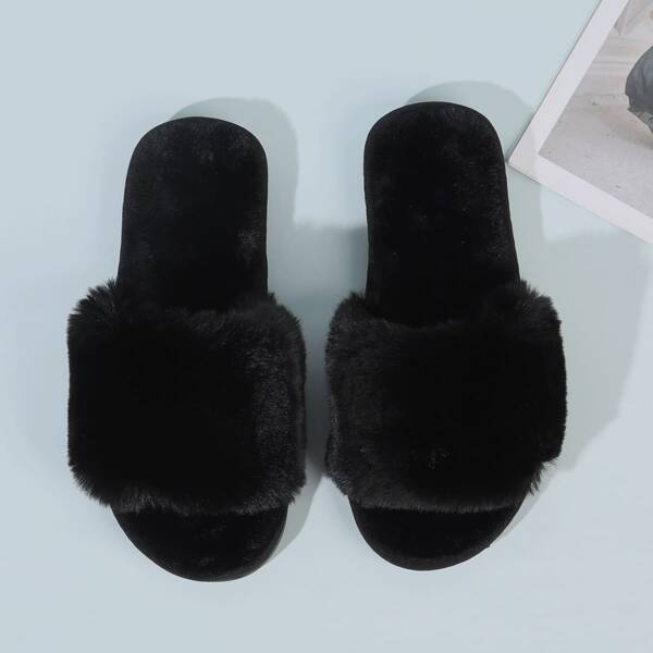 

Open Toe Fluffy Slippers, Black