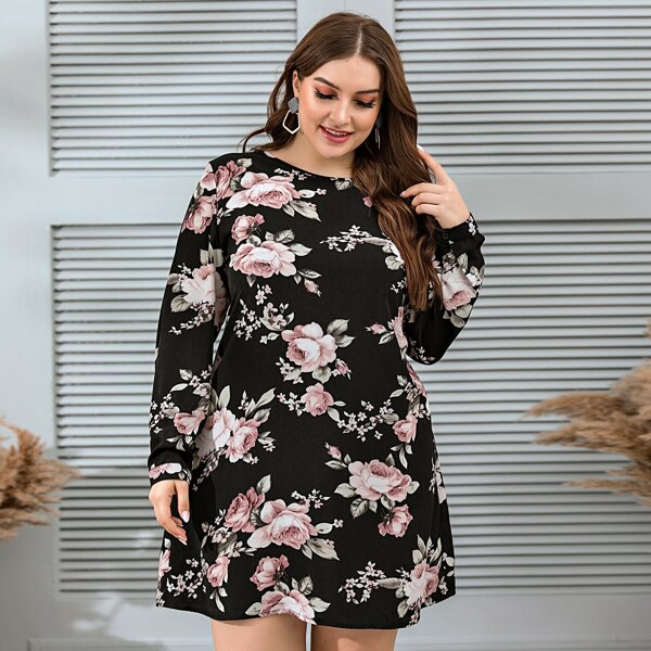 

Plus Floral Print Crew Neck Dress, Black