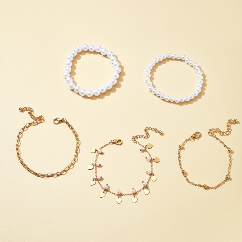 

5pcs Heart Charm Chain Bracelet, Multicolor