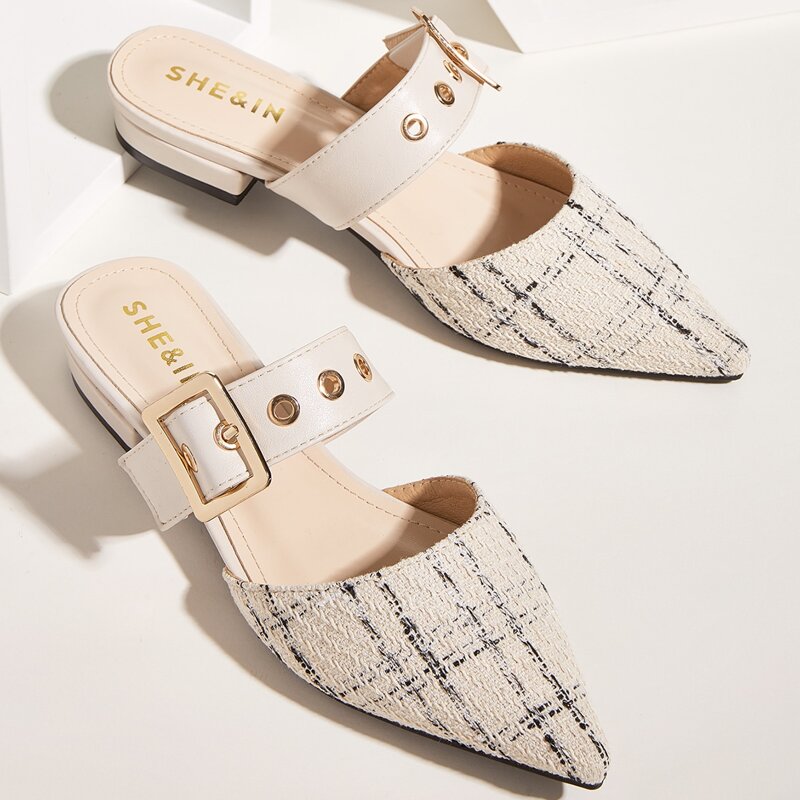 

Point Toe Buckle Decor Flat Mules, Beige