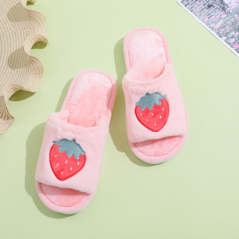 

Strawberry Graphic Fluffy Slippers, Pink