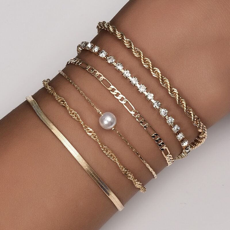 

6pcs Rhinestone Decor Chain Bracelet, Gold