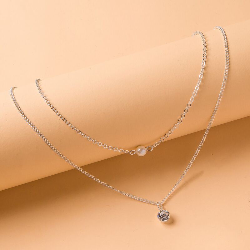 

Rhinestone Faux Pearl Pendant Multilayer Necklace, Silver
