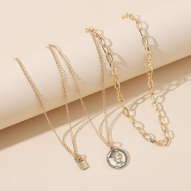 

3pcs Metal Lock & Coin Pendant Necklace, Gold
