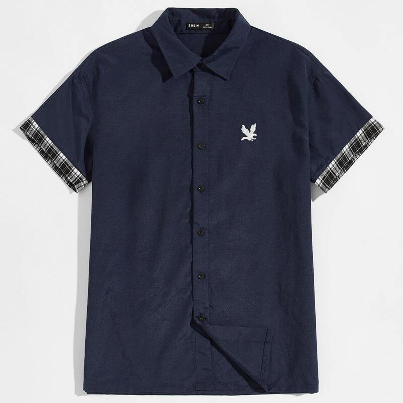 

Guys Eagle Embroidered Contrast Plaid Trim Shirt, Navy blue