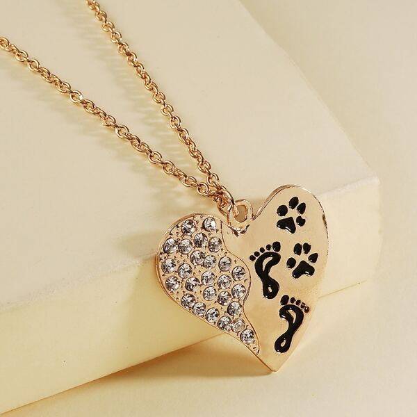 

Rhinestone Inlaid Footprint Heart Shaped Pendant Necklace, Gold