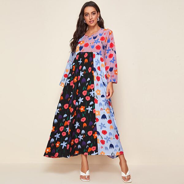 

Allover Floral Colorblock Smock Dress, Multicolor
